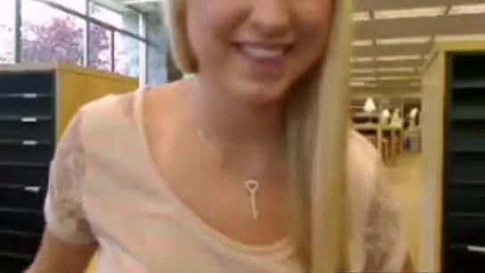 Busty blonde teen in library makes herself squirt
