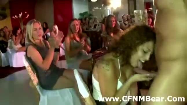 Group of cfnm party girls suck stripper cock